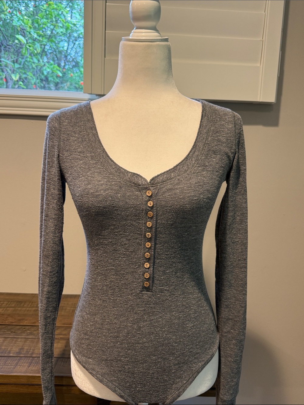 Free People Gray Long-Sleeve Henley Bodysuit